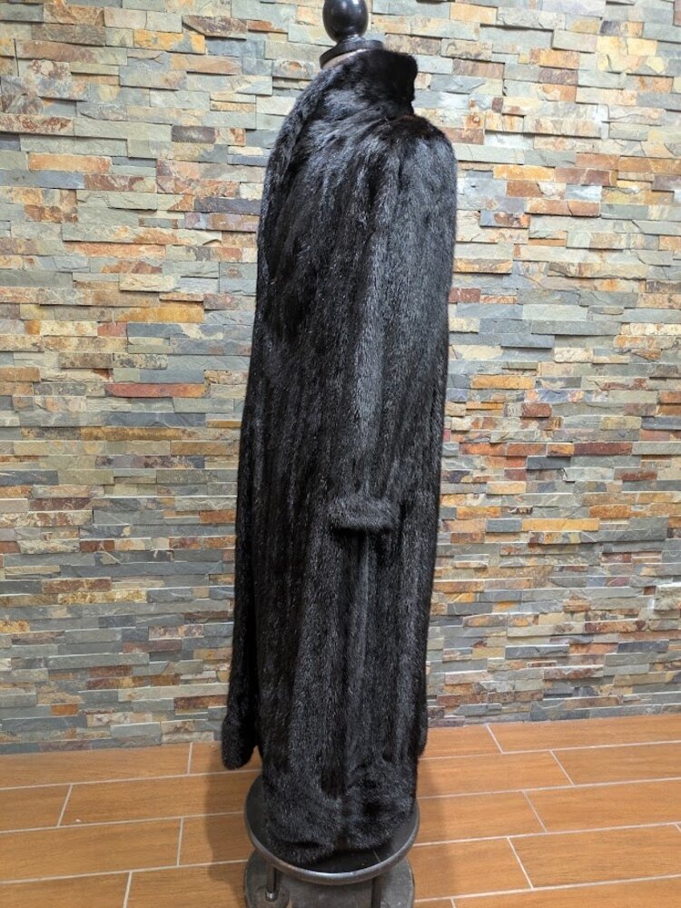 Black Dyed Mink Fur Long Coat w Swirl Design Hem, sz Large