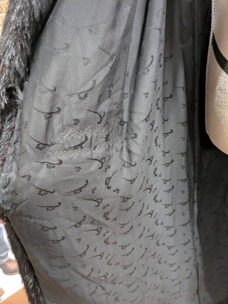 Black Dyed Mink Fur Long Coat w Swirl Design Hem, sz Large
