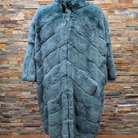 Teal Blue Green Dyed Rex Rabbit Long Coat, size XL
