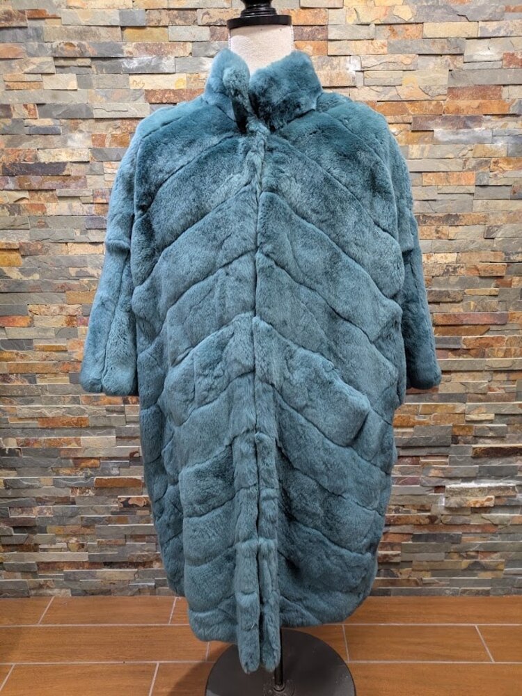 Teal Blue Green Dyed Rex Rabbit Long Coat, size XL