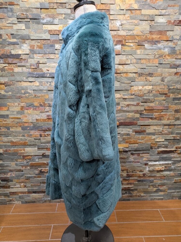 Teal Blue Green Dyed Rex Rabbit Long Coat, size XL