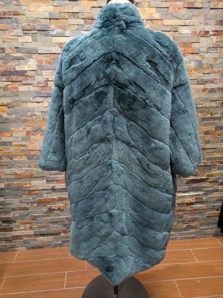 Teal Blue Green Dyed Rex Rabbit Long Coat, size XL