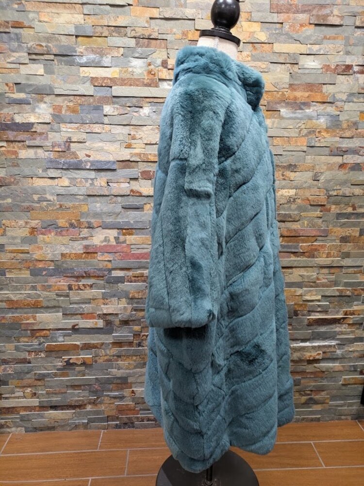 Teal Blue Green Dyed Rex Rabbit Long Coat, size XL