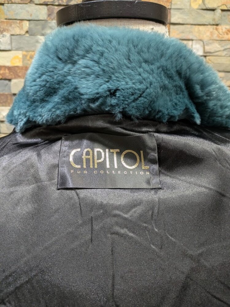 Teal Blue Green Dyed Rex Rabbit Long Coat, size XL