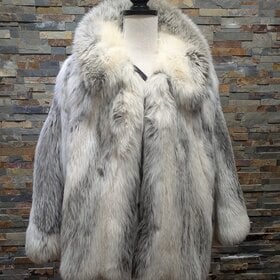 Grey and Ivory Frosted Shadow Fox Fur Cape Coat, size XL
