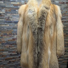 Golden Island Fox Fur Long Coat with Shawl Collar, size Large