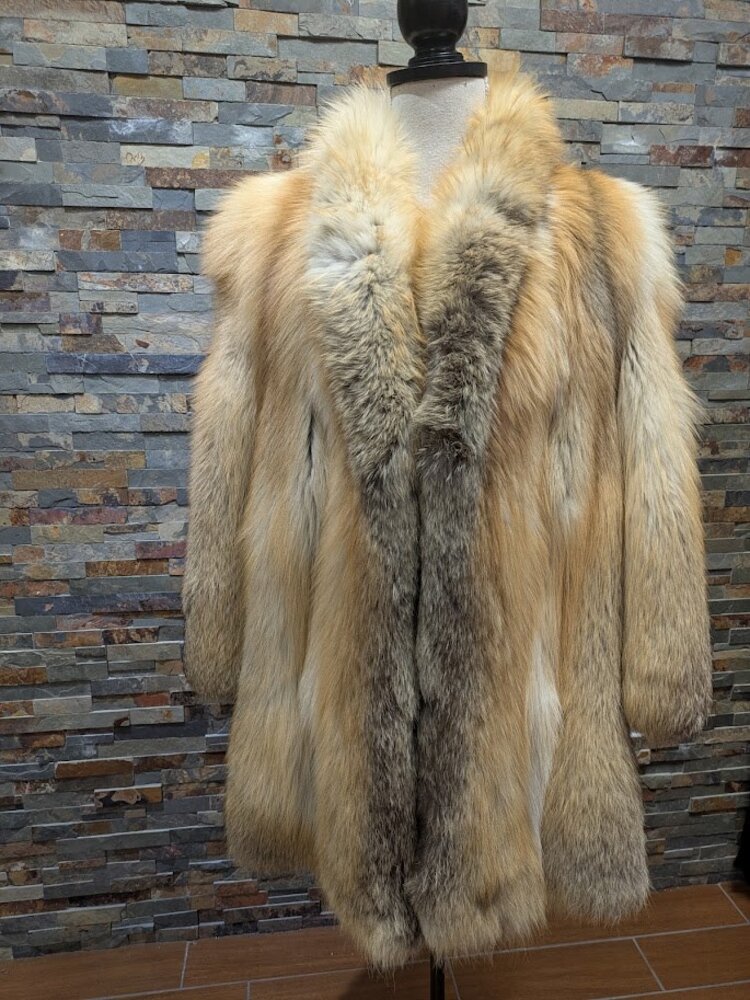 Golden Island Fox Fur Long Coat with Shawl Collar, size Large