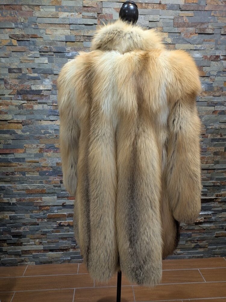 Golden Island Fox Fur Long Coat with Shawl Collar, size Large