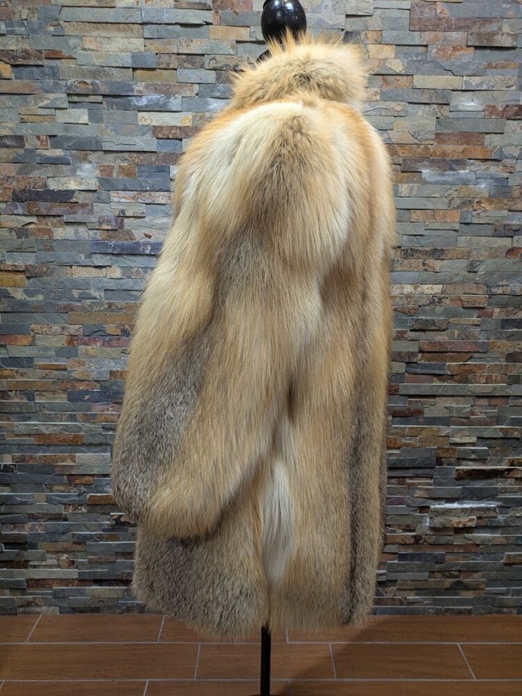 Golden Island Fox Fur Long Coat with Shawl Collar, size Large