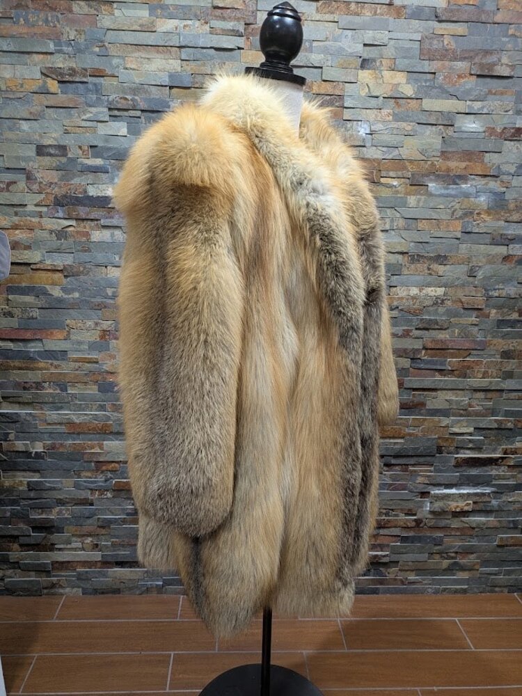 Golden Island Fox Fur Long Coat with Shawl Collar, size Large