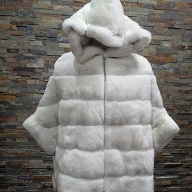 White and Grey Chinchilla Dyed Rex Rabbit Fur Coat w Hood, size Large