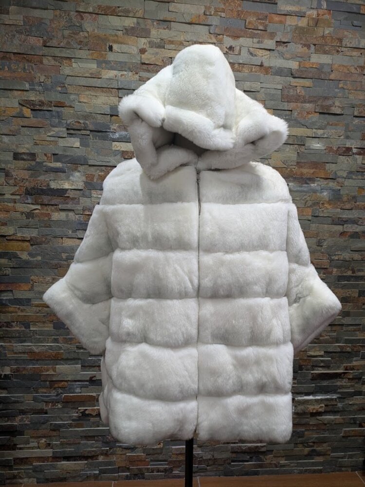 White and Grey Chinchilla Dyed Rex Rabbit Fur Coat w Hood, size Large