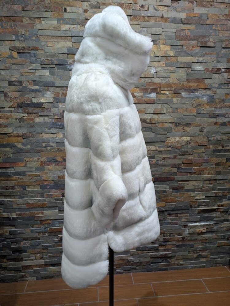 White and Grey Chinchilla Dyed Rex Rabbit Fur Coat w Hood, size Large