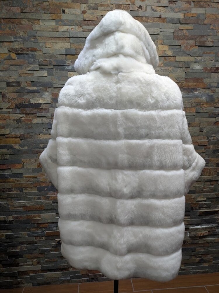 White and Grey Chinchilla Dyed Rex Rabbit Fur Coat w Hood, size Large