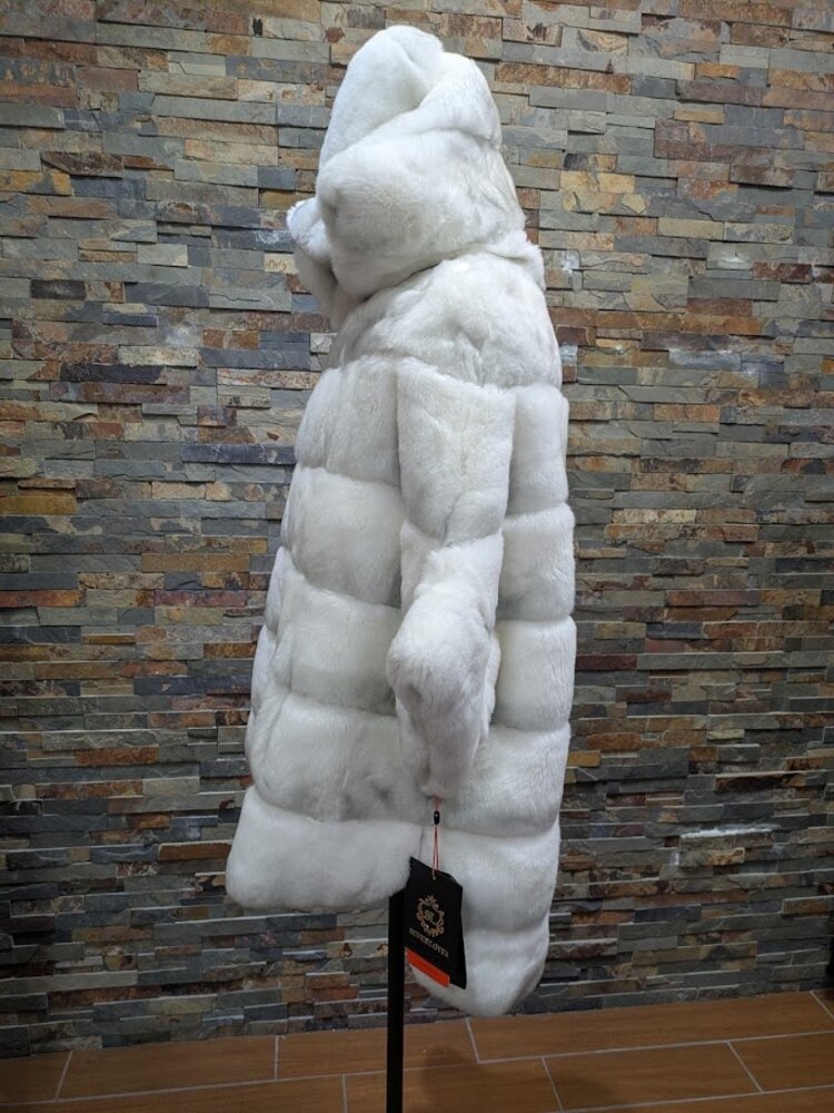 White and Grey Chinchilla Dyed Rex Rabbit Fur Coat w Hood, size Large