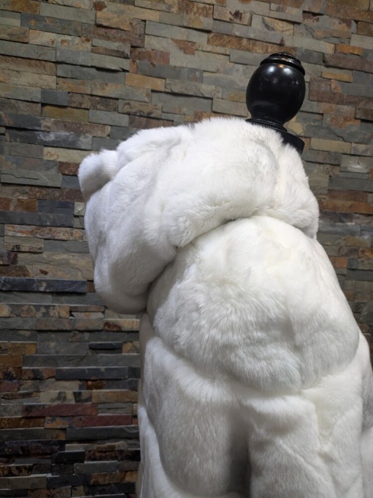 White and Grey Chinchilla Dyed Rex Rabbit Fur Coat w Hood, size Large