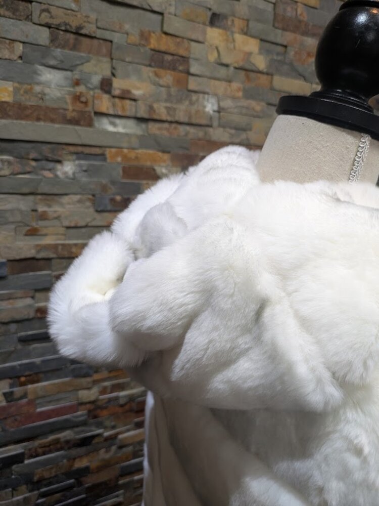 White and Grey Chinchilla Dyed Rex Rabbit Fur Coat w Hood, size Large