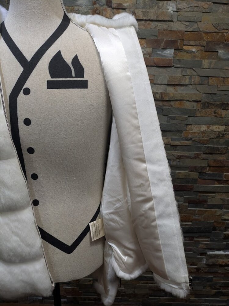 White and Grey Chinchilla Dyed Rex Rabbit Fur Coat w Hood, size Large
