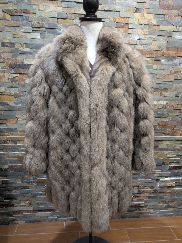 Diamond Pieced Beige Brown Dyed Blue Fox Stroller Coat, size XL