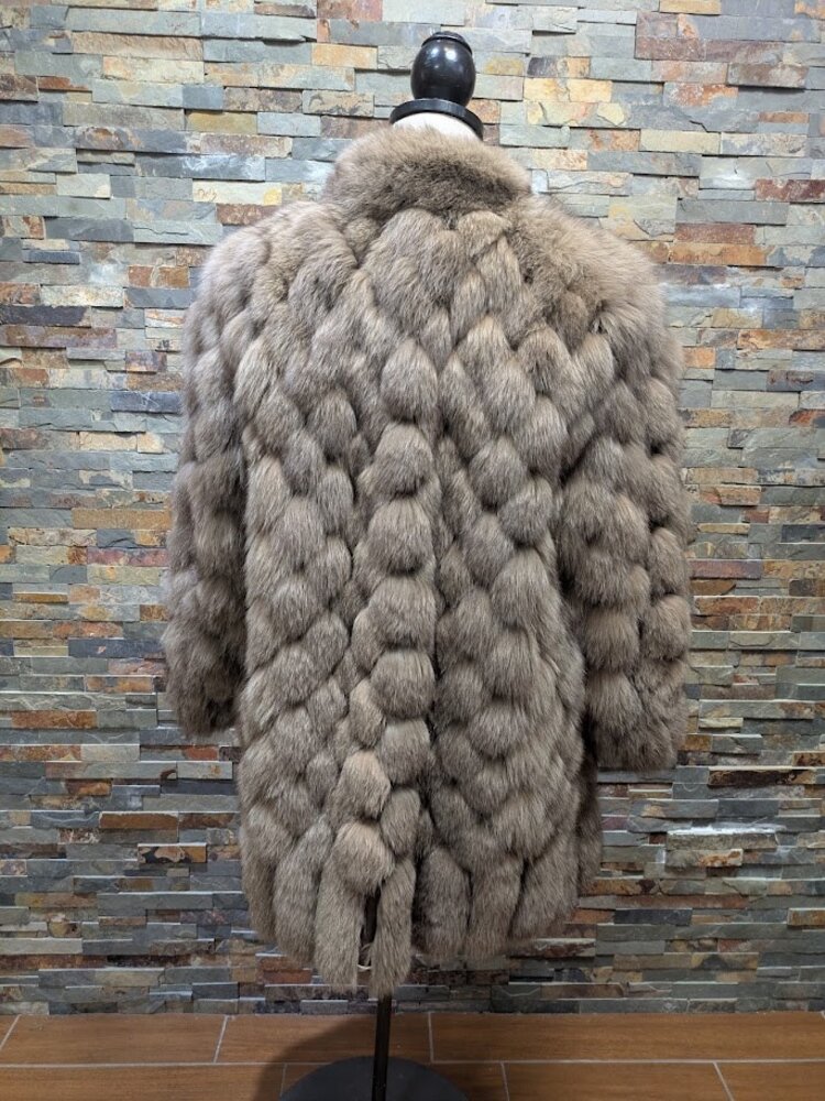 Diamond Pieced Beige Brown Dyed Blue Fox Stroller Coat, size XL