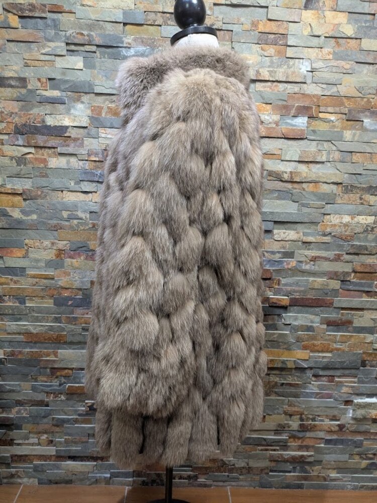 Diamond Pieced Beige Brown Dyed Blue Fox Stroller Coat, size XL