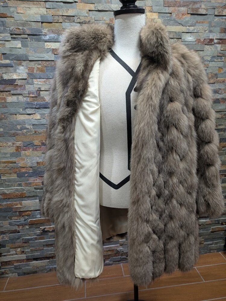 Diamond Pieced Beige Brown Dyed Blue Fox Stroller Coat, size XL
