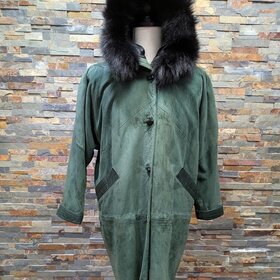 Hunter Green Nubuck and Leather Parka with Black Fox Fur Trim, size large