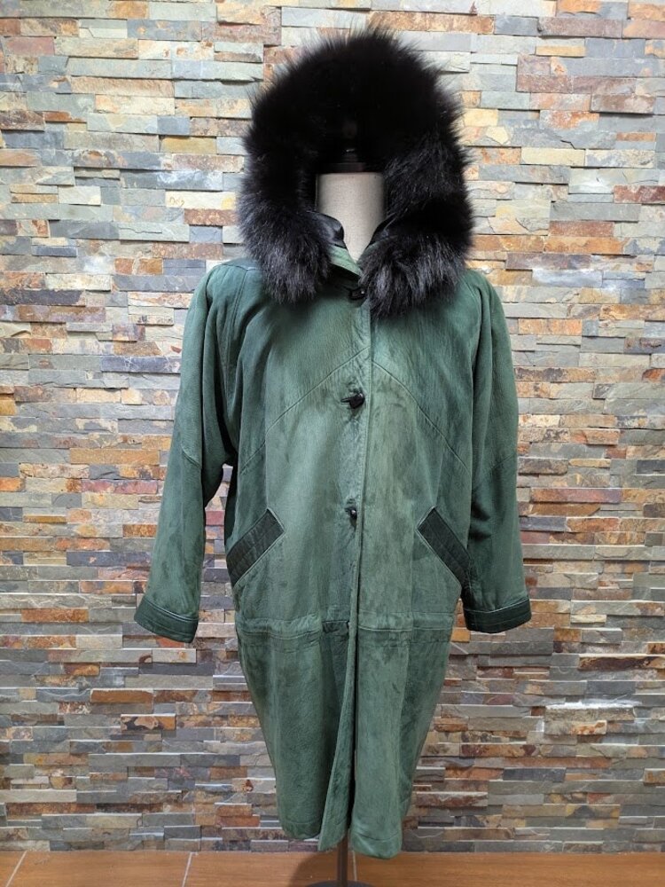Hunter Green Nubuck and Leather Parka with Black Fox Fur Trim, size large