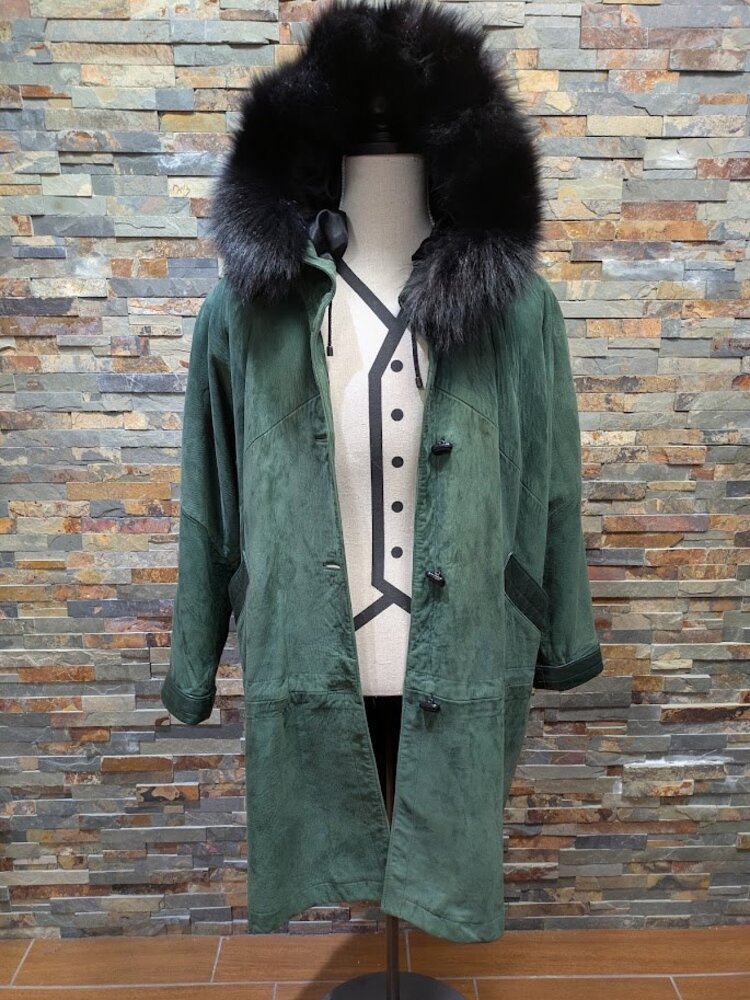 Hunter Green Nubuck and Leather Parka with Black Fox Fur Trim, size large