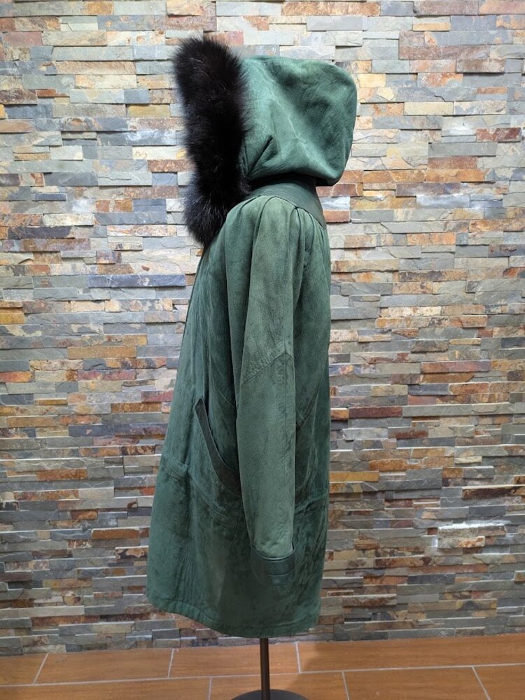 Hunter Green Nubuck and Leather Parka with Black Fox Fur Trim, size large