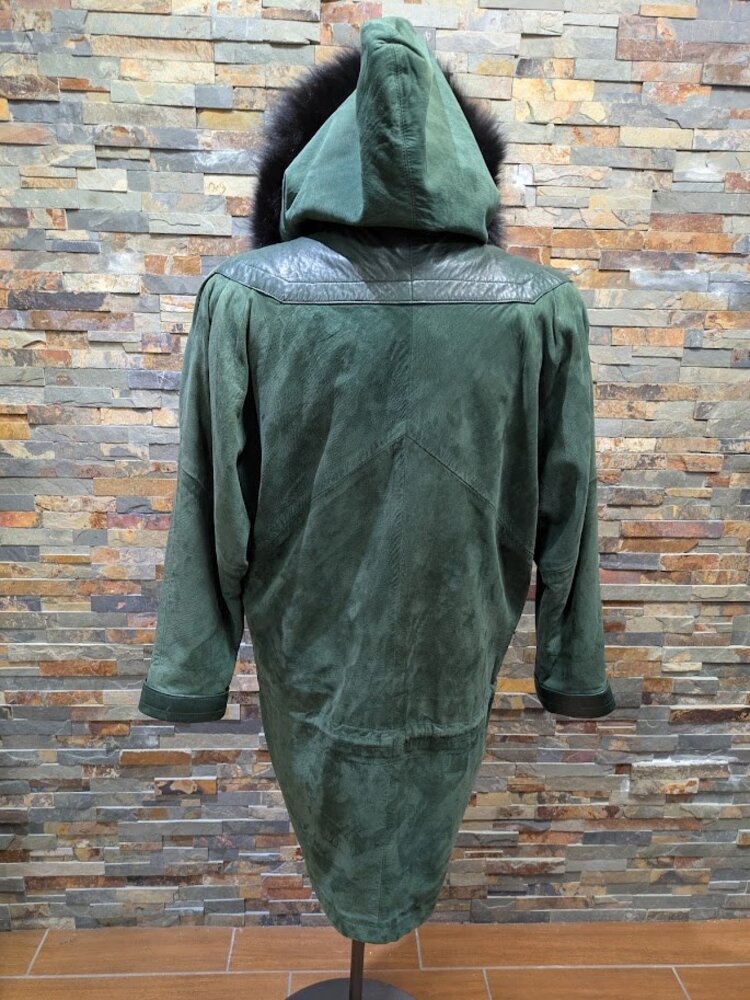 Hunter Green Nubuck and Leather Parka with Black Fox Fur Trim, size large