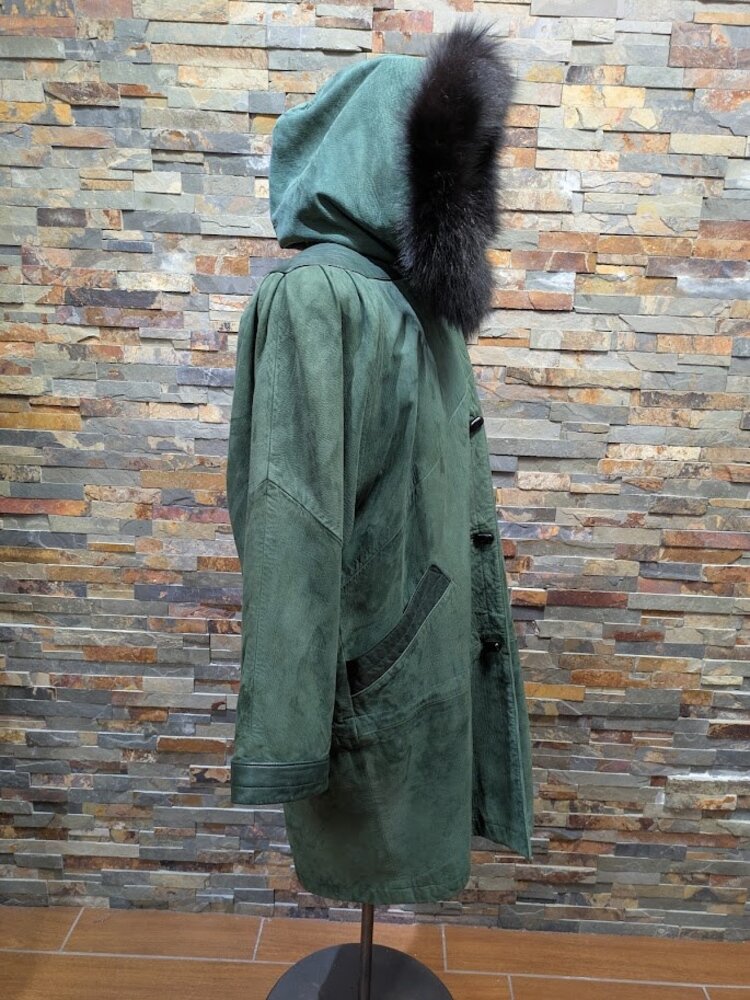 Hunter Green Nubuck and Leather Parka with Black Fox Fur Trim, size large
