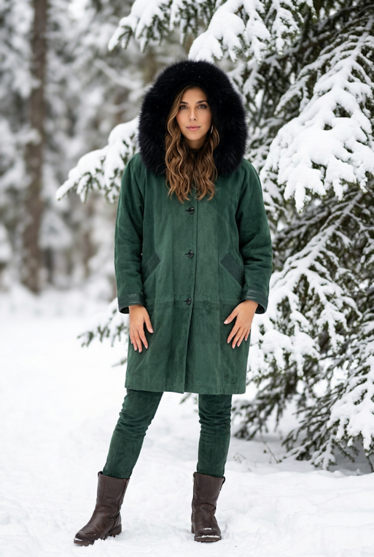 Hunter Green Nubuck and Leather Parka with Black Fox Fur Trim, size large