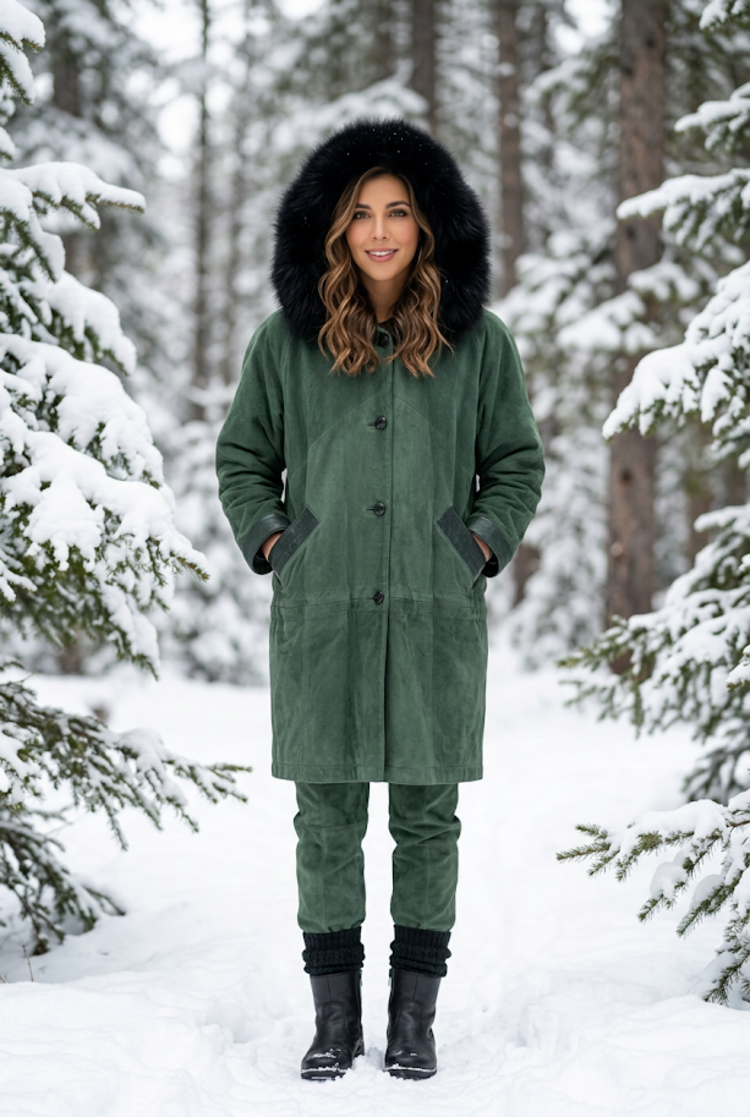Hunter Green Nubuck and Leather Parka with Black Fox Fur Trim, size large