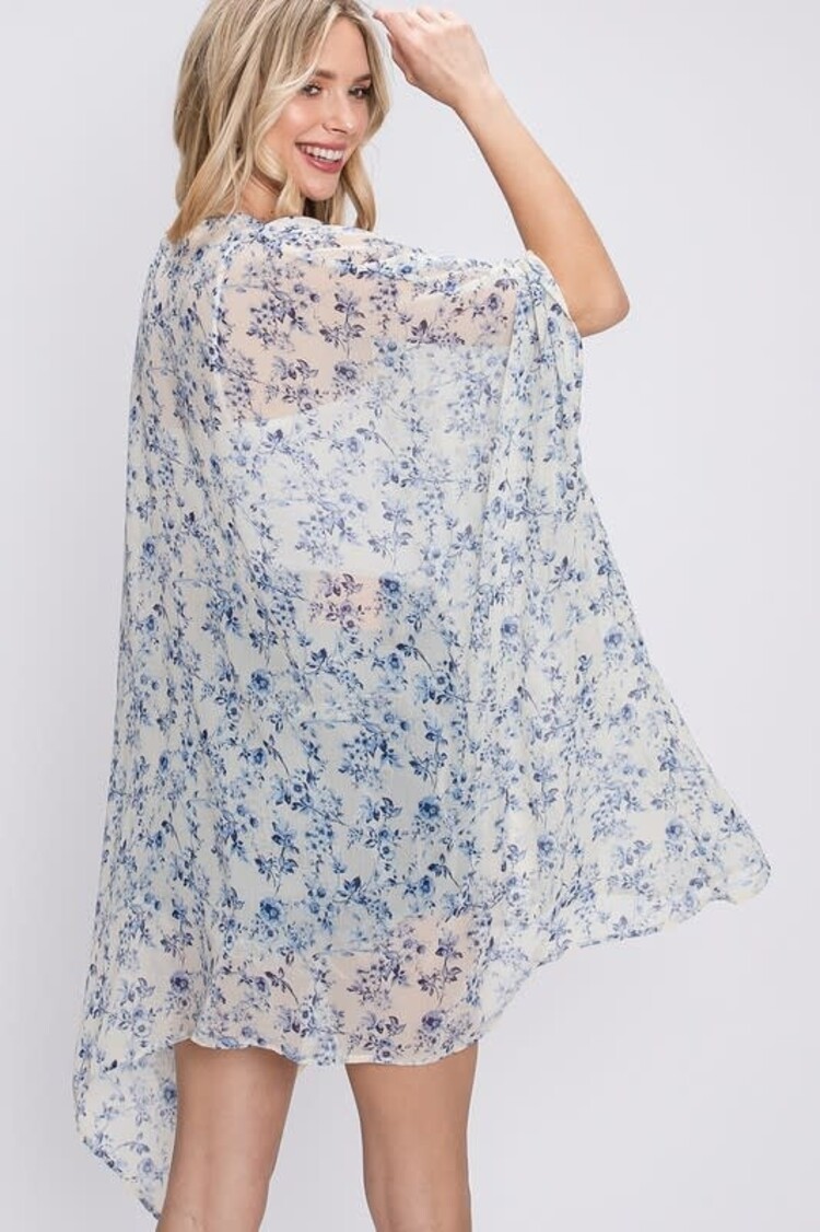 GeeGee White and Blue Sheer Floral Kimono