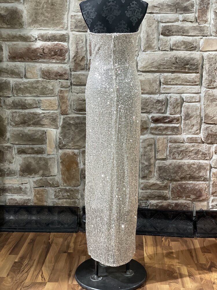 B Darlin Champagne Sequin Strapless Side Slit Gown