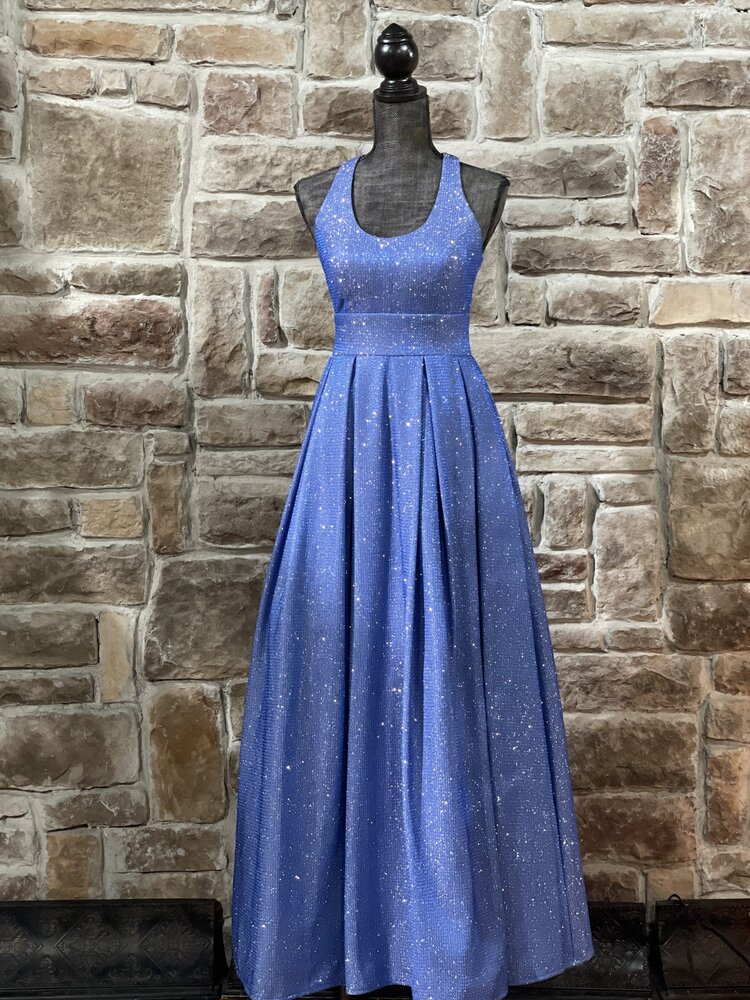 Morgan & Co. Blue Shimmer Cut Out Back Gown w/ Pockets