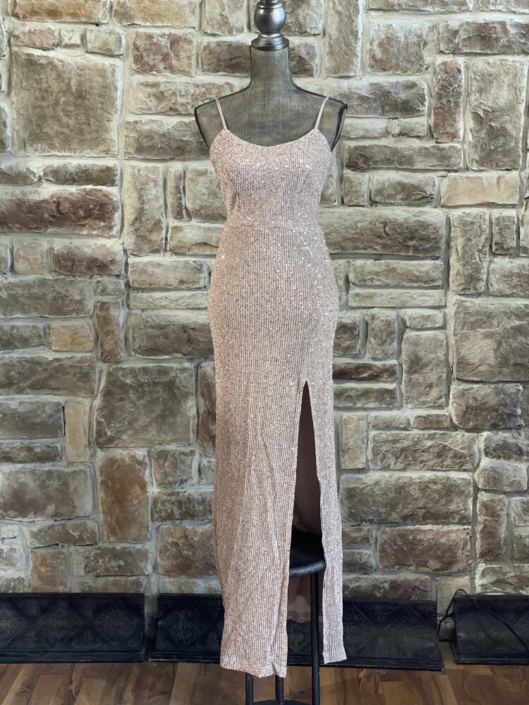 Teeze Me Blush Sequin Shimmer Open Back Gown