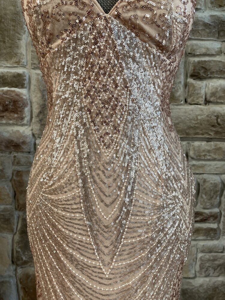 Jump Apparel Champagne Sequin Mesh Overlay Strappy Back Gown
