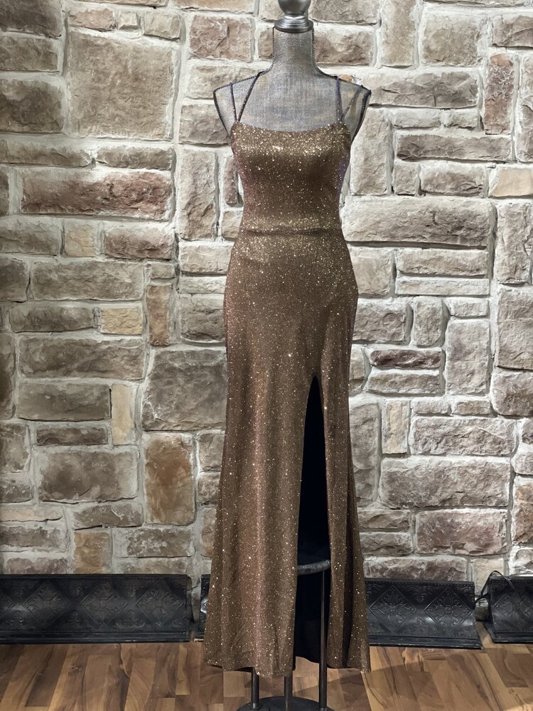 Blondie Nites Gold Fuchsia Metallic Glitter Gown
