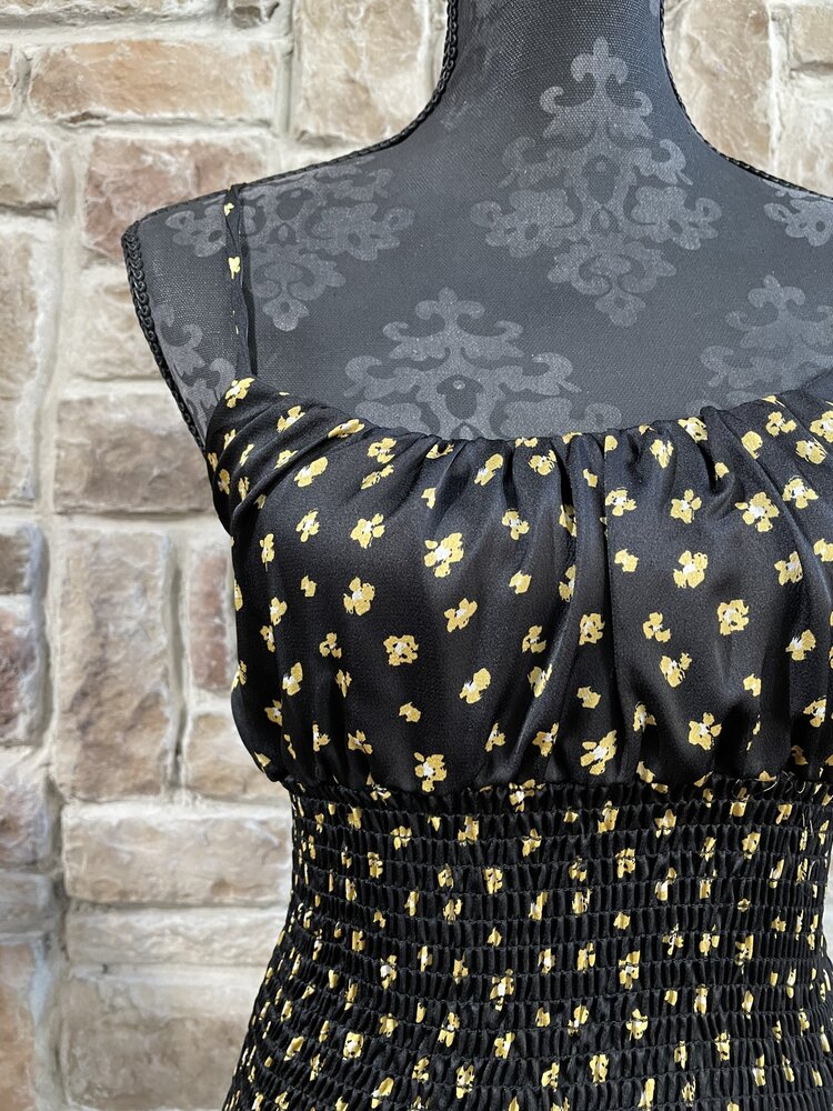 Blue Leopard Black and Yellow Satin Smocked Tank