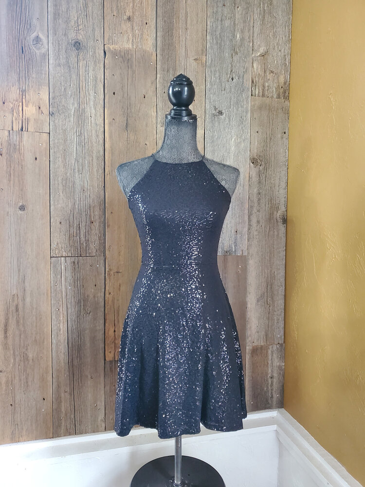 Aqua Black Sequined Flared Cocktail Dress, Size S