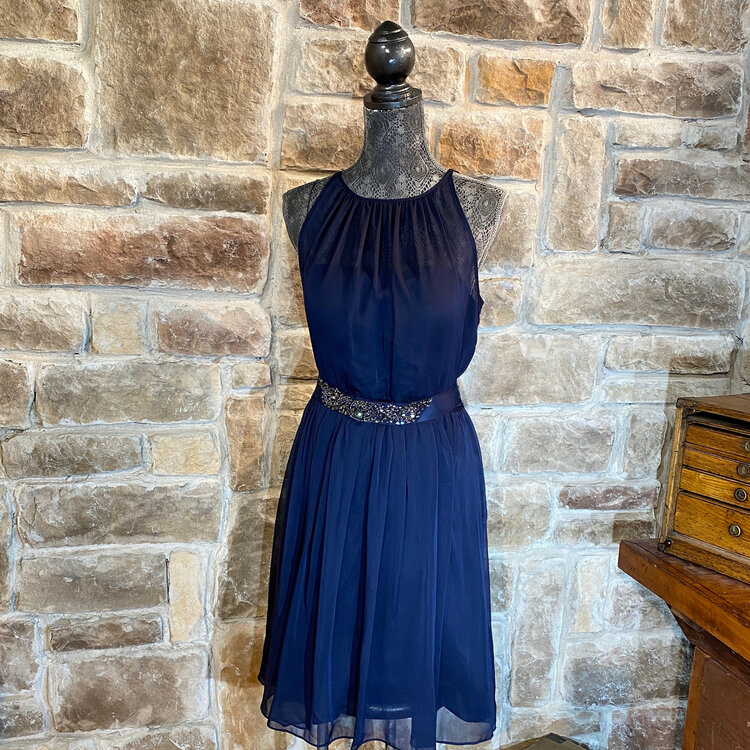 Adrianna Papell Navy Belted Chiffon Halter Dress, Size 14