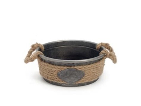 Pot rond en métal et jute