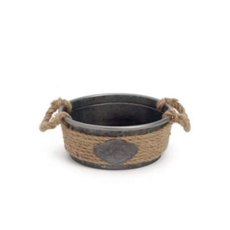 Pot rond en métal et jute