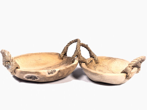 Bol en teck rustique et poignée en jute-grand