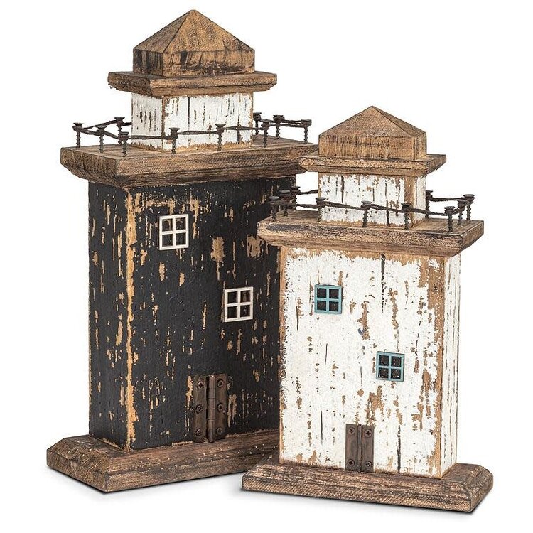Phare en bois rustique noir 14"H