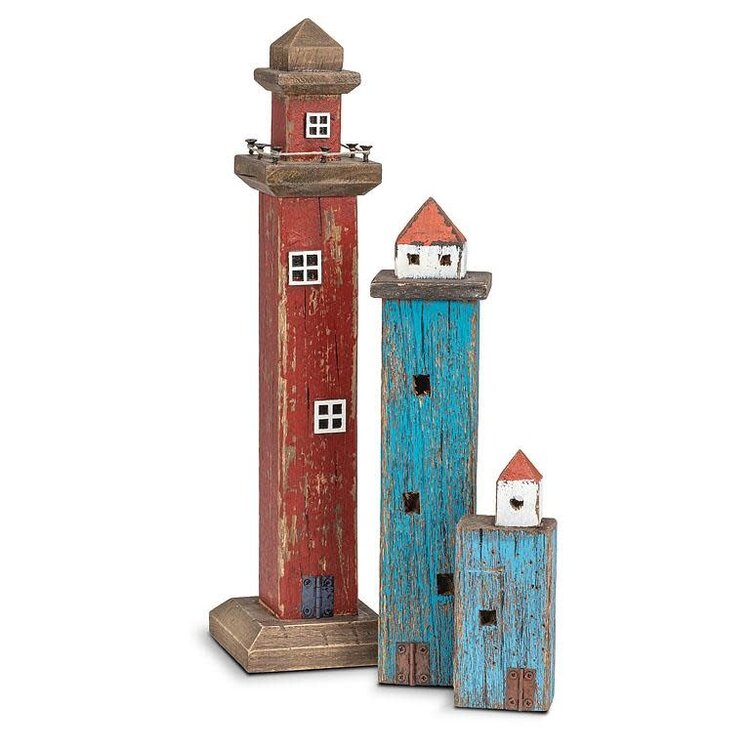 Phare en bois rustique rouge 15.5"H