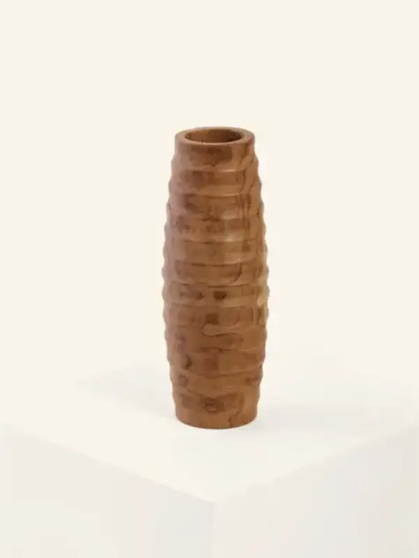 Vase en bois de teck tourné à la main avec rayures 3" 3/4 X 10" 1/2