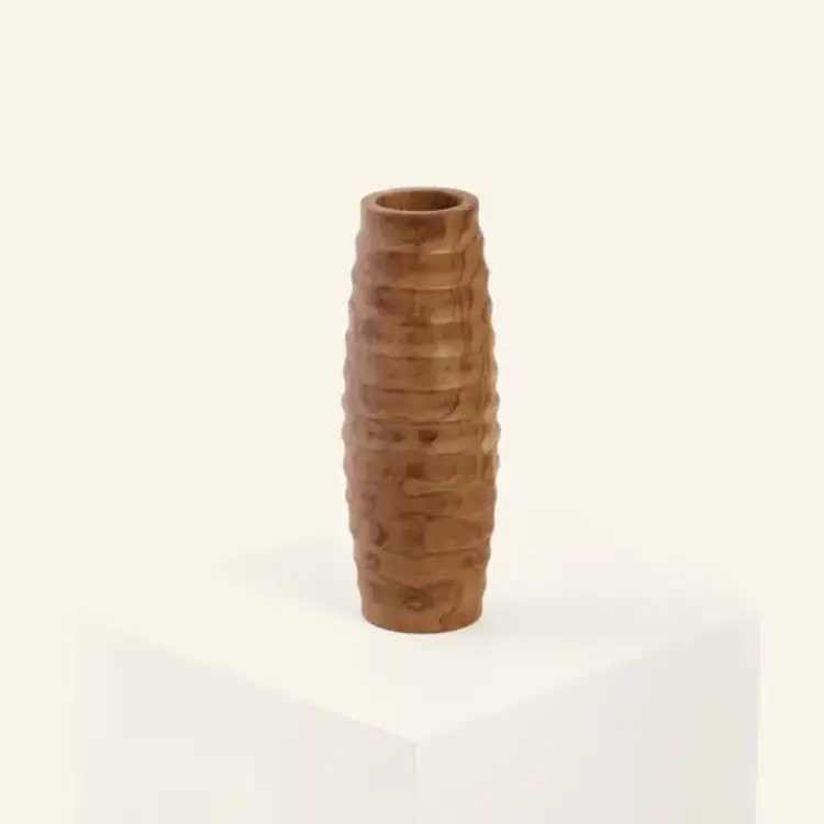 Vase en bois de teck tourné à la main avec rayures 3" 3/4 X 10" 1/2